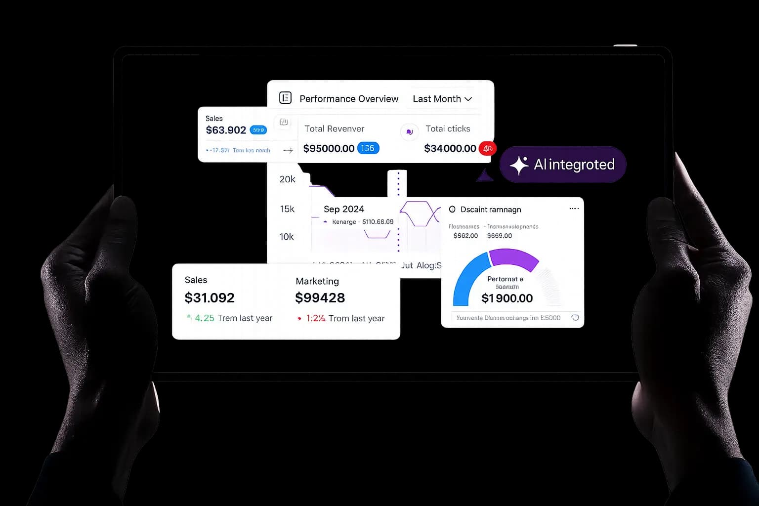Hands holding tablet with AI analytics dashboard